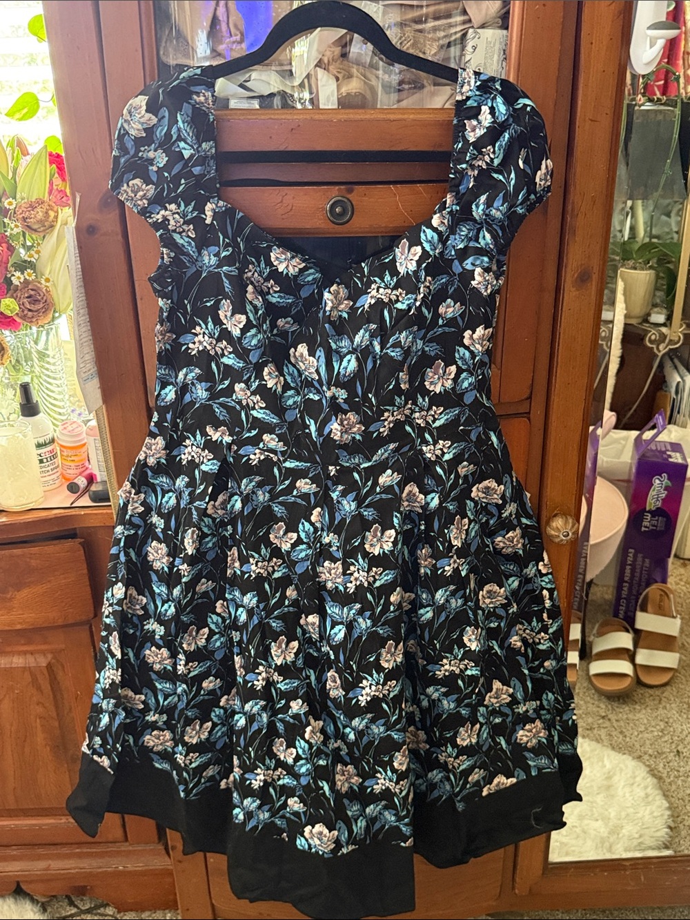 NWTS Black Floral Fit-and-Flare Dress with Blue and Cream Accents size 12